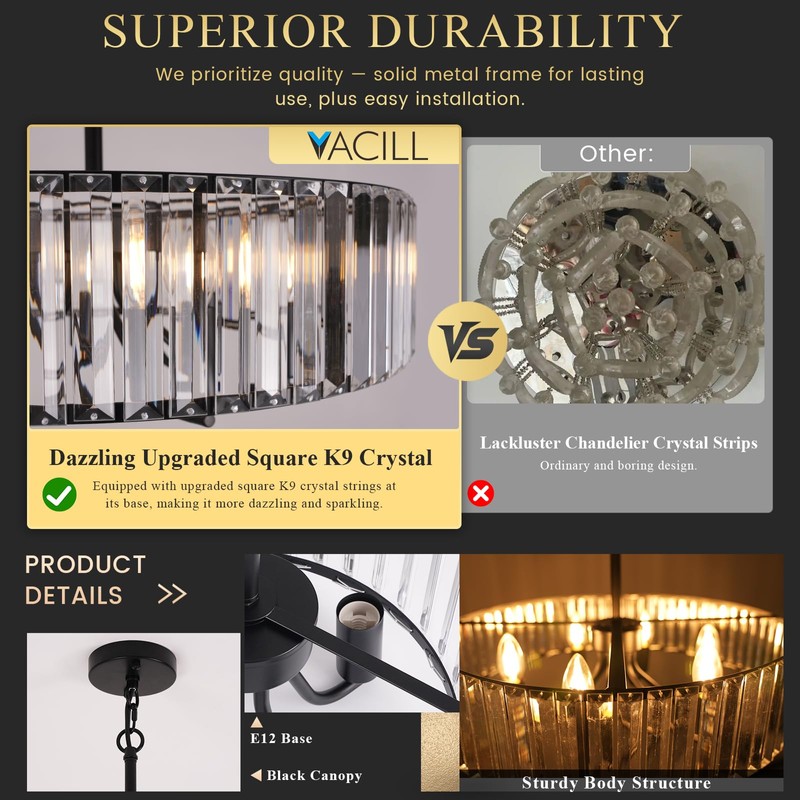 Black Crystal Chandelier for Dining Room, 6-Light Modern Semi Flush