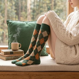RosyClouds Womens Girls Knee High Socks Green Vintage Argyle Novelty Socks