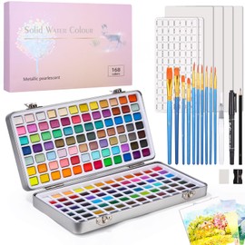 Azyvum Watercolour Paint Set 168 Colours in Portable Box, with Brush and Watercolour Paper, Watercolour for Travel, Watercolours for Artists, Hobby Painters and Painting Lovers