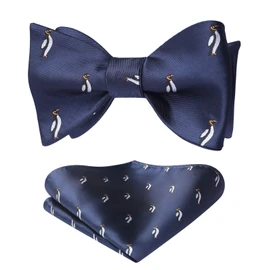 HISDERN Bow Ties for Men Navy Blue Self Bowties Square Animal Woven Silk Fun Penguin Bowtie Handkerchief Set for Wedding Party