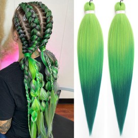 Unionbeauty Pre Stretched Braiding Hair 26 Inch 2Packs Ombre Glow Green Braiding Hair for Boho Box Braids Crochet Braid Yaki Texture Hot Water Setting EZ Braids Hair Extensions Synthetic Braiding Hair