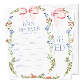 Gsauto Baby Shower Invitations for Girl, 25 Floral Bowknot Double-Sided Gender Reveal Invites with Envelopes, Pink Bow Invitation Cards for Party Favor Decorations -A04