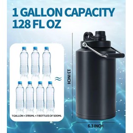 GAGANIU Insulated Water Bottle, 2 Pack, 1 Gallon Jug with Handle, 128 oz Stainless Steel Large Water Bottle Wide Mouth Double Vacuum for Hot & Cold Drinks, Stainless Steel & Black