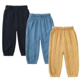 MYGBCPJS Baby Boys Girls 3 Pack Cotton Linen Long Bloomers Ankle Length Trousers Kids Lightweight Elastic Waist Harem Pants