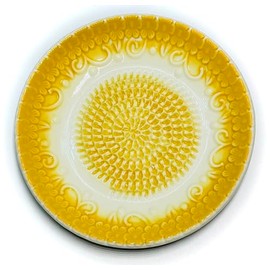 BonCera, All-in-one Premium Ceramic Garlic Grater Plate 4-Piece Set - Yellow Embossed Design and Style - For Garlic, Ginger, Chocolate, and more! - Comes with 5.25" Plate, Peeler, Brush, and Stand