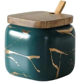 VollfitYYu Ceramic Spice Jar, Marble Look, Salt Jar, 360 ml, Kitchen Spice Container with Spoon and Lid for Sugar, Salt, Spices, Tea (Green)