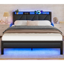 Furnulem Full Bed Frame with LED Lights,Headboard with Charging Station and USB Port,Upholstered Platform Bedframe Metal Support,No Box Spring Needed (Full)