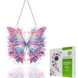 Diamond Painting Window Pictures, 3D Diamond Painting Window Pictures Pendant, Butterfly DIY Crystal Painting Pendant with Chain, Suitable Entrance Diamond Painting Decoration for Gift (18.4 x 19.9