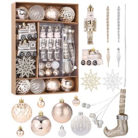 SOBEAU Christmas Baubles, Pack of 50 Christmas Tree Baubles with Gift Package, Plastic Christmas Tree Baubles with Hangings, White Gold Tree Decoration, Christmas Tree Decoration