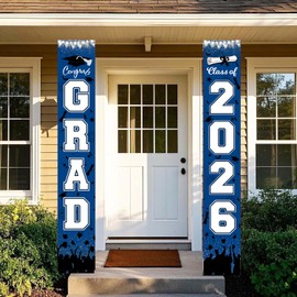 Graduation Decorations Blue White 2026/Blue Graduation Party Decorations/Congrats Grad Porch Banner for Any Schools 2026 Grad Party Banners (Navy Blue Black White)