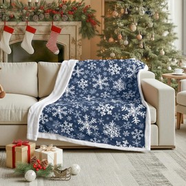 Horaldaily Christmas Sherpa Flannel Blanket Throw, Navy Snowflake Soft Fuzzy Plush Cozy Fleece Blankets for Couch Sofa Bed Lounging, Ideal Gifts for Kids Adults Wife Self, 50x60