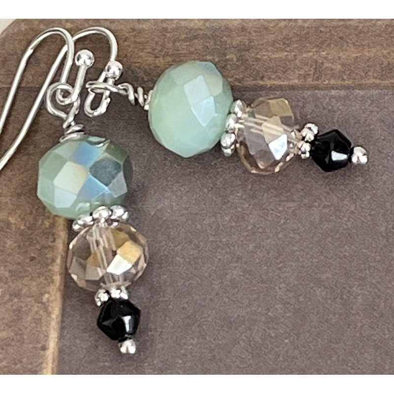 Silver, Black, Iridescent Green and Champagne Crystal Earrings. Jewelry Earrings