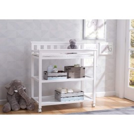 Delta Children Flat Top Changing Table with Wheels and Changing Pad - Greenguard Gold Certified, Bianca White