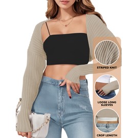 AURUZA Cropped Cardigan Shrugs for Women Bolero Open Front Crop Sweater Long Sleeve Cardigan Fall Outfits Knit Tops Clothes Apricot (L, Apricot)