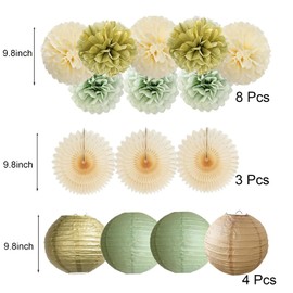Sage Green Party Decorations Sage Green Cream Gold Garland Pom Poms Paper Fan Olive Sage Gold Tissue Paper for Baby Shower Bridal Shower Birthday Decoration Wedding