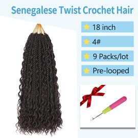 18 Inch 9 Packs Senegalese Twist Crochet Hair for Black Women Boho Pre-Looped Goddess Island Twist Crochet Braids Senegalese Twists Hair with Curly Ends
