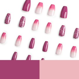 Pikabows Press On Nails Long Coffin Rhinestone Butterfly Flower French Tip Fake Nails Acrylic False Nail Tips Kit Glue on Nails for Women