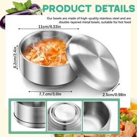 Reallnaive 4 Sets Stainless Steel Rice Bowl for Korean with Lid Kitchen Restaurant Double-walled Anti Scalding Metal Bowls for Soup Salad Noodles