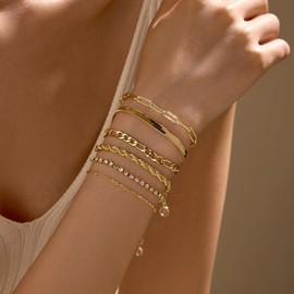 Chunky Gold Bracelet Stack Cuff Bangles for Women Trendy Non Tarnish Dainty Silver Chain Bracelet Layered Snake Chain Cuban Link Bracelet Pack for Women 2025