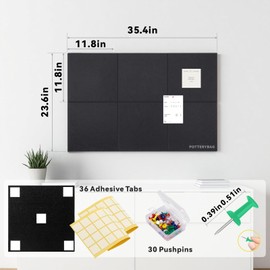 Large Cork Bulletin Board for Wall 36" x 24", 6 Pack Black Felt Pin Board with 30 Pushpins and 36 Safe Removable Adhesive Tabs, Felt Wall Tiles for Office（Black）