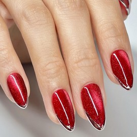 Sunruby Handmade Press On Nails Short Almond Iridescent Ruby Red Cat Eye with Silver Glitter French Tip, Reusable Soft Gel Nails in 12 Sizes-24 Pcs. Designed in Los Angeles.Made in Vietnam.|Ruby Grace