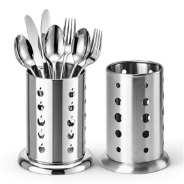 304 Stainless Steel Utensil Holder Drying Cup 2 Pack, 6 Inch Tall Flatware Holder with Weighted Base Won't Tip Over, Silverware Caddy Organizer for Kitchen Utensils, Cutlery, Spatulas, Dishwasher Safe