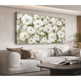 Large Flowers Wall Art for Living Room Decor Framed Art Cream White Wildflower Floral Canvas Pictures Vintage Artwork Blossom Canvas Prints for Bedroom Kitchen Home Office Wall Decor 20" X 40"