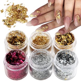 Fcozpjk Gold Foil Flakes for Nail Art, 6 Bottles Irregular Silver Hot Pink Gold Leaf for Nails, Golden Glitter Nail Decoration, Metallic Nail Art Glitter Flakes, Shiny Manicure Sequins