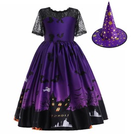 UPENC 130 Witch Girl Halloween Costume, Children, Devil, Cute, Popular, Dress, 4 Piece Set, 4 Pieces (120 - 160 cm), 5 Sizes Purple, Cosplay, Kids, Short Sleeve, Race, Parties, Events, Performance