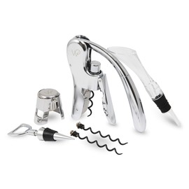 Wolfgang Puck 6-Piece Wine Tool Set with Wine Opener, Aerator, Wine Stopper, and Champagne Recorker, 2 Replacement Corkscrews, Chrome Finish, Arrives in Gift Box