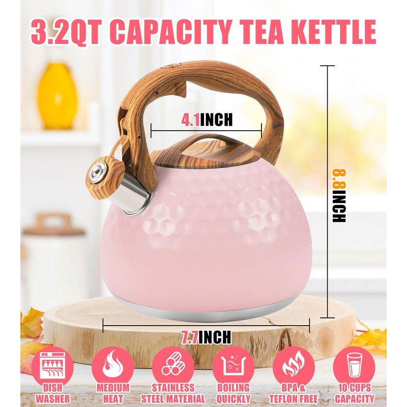 Foedo 3.2Qt Stainless Steel Whistling Tea Kettle Stovetop, Pink