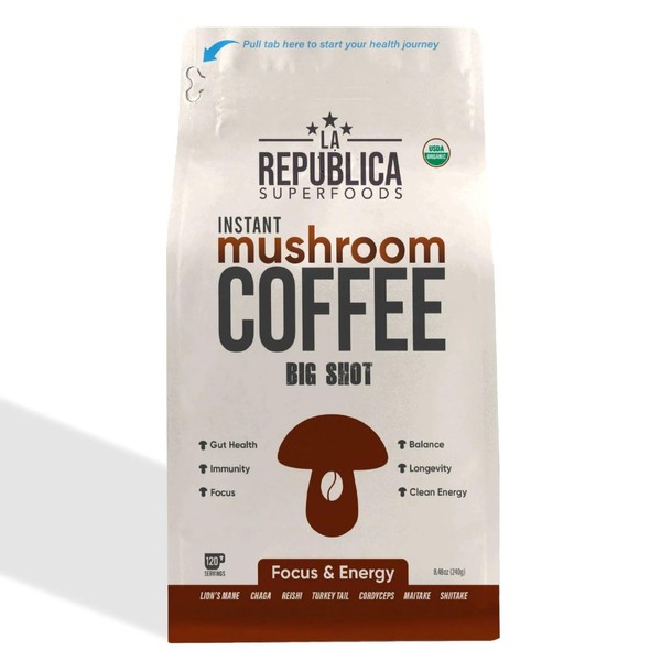 La Republica Big Shot USDA Organic Instant Mushroom Coffee (120 Servings) w/ 7 Superfood Shrooms (Mix has Lion's Mane, Reishi, Chaga, Cordyceps, Shiitake, Maitake, Turkey Tail