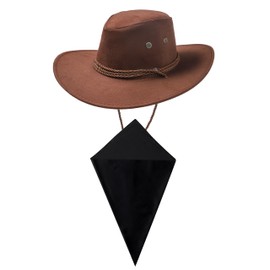 Dark Brown Cowboy Hat and Plain Black Bandana Western Sun Cap Faux Felt Leather Suede Fancy Dress Party Costume Outfit Neckscarf Sun Protection Mens Womens