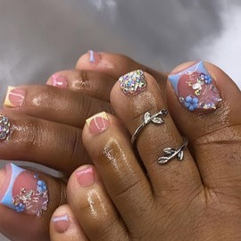 Press on Toenails Square Short Fake Toe Nails White French Tip Toe Nail Press ons Summer with Butterfly Glitter Designs Cute Acrylic Nude Stick on Toenails for Women 24Pcs