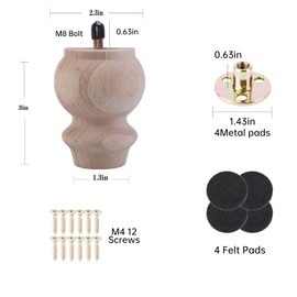 Txcucc 3 Inch Wooden Unfinished Bun Feet for Dresser Legs Couch Sofa Cabinet Ottoman DIY Replacement Wood Furniture Legs Set of 4 M8 Bolt Screw in (3”)