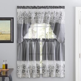 American Linen 3 Piece Embroidered Window Curtain Set, Valance and Tiers with Embroidery (Gray)