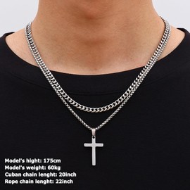 Fiusem Cross Necklace Chain for Men, Silver Tone Mens Cross Necklaces Layered Stainless Steel Cross Pendant with Cuban Link and Box Chain 20in/22in
