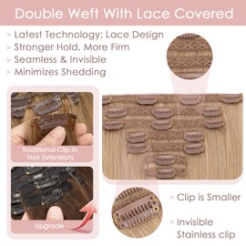 Silk-co Clip in Hair Extensions Real Human Hair Remy Double Weft With Lace Coverd Clip in Silky Straight Natural Thick Hair Seamless 7pcs 16Clips 100g Extension for Women 14Inch #27 Dark Blonde