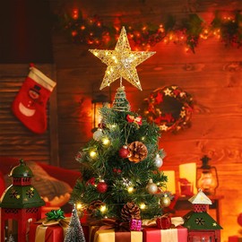 NEWKIBOU Adorno de Estrella para árbol de Navidad,Adorno para árbol de Estrellas en 3D,25 cm diseño Hueco de Metal con Purpurina,Luces de Cadena para Decoraciones de árboles de Navidad (Dorado)