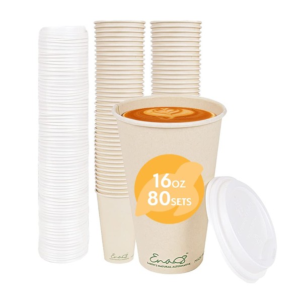 Earth's Natural Alternative 100% Compostable Disposable Coffee Cups with Lids [16oz 80 Set] Paper Cups Made from Unbleached Bamboo Fiber, Compostable Lids, To Go Coffee Cups with Lids