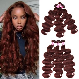 UNICE Reddish Brown Body Wave Human Hair Weave 4 Bundles 14 16 18 20 inch, Brazilian Remy Hair Auburn Brown Copper Red Human Hair Wavy Weaves for Sew in Extensions 33B Color