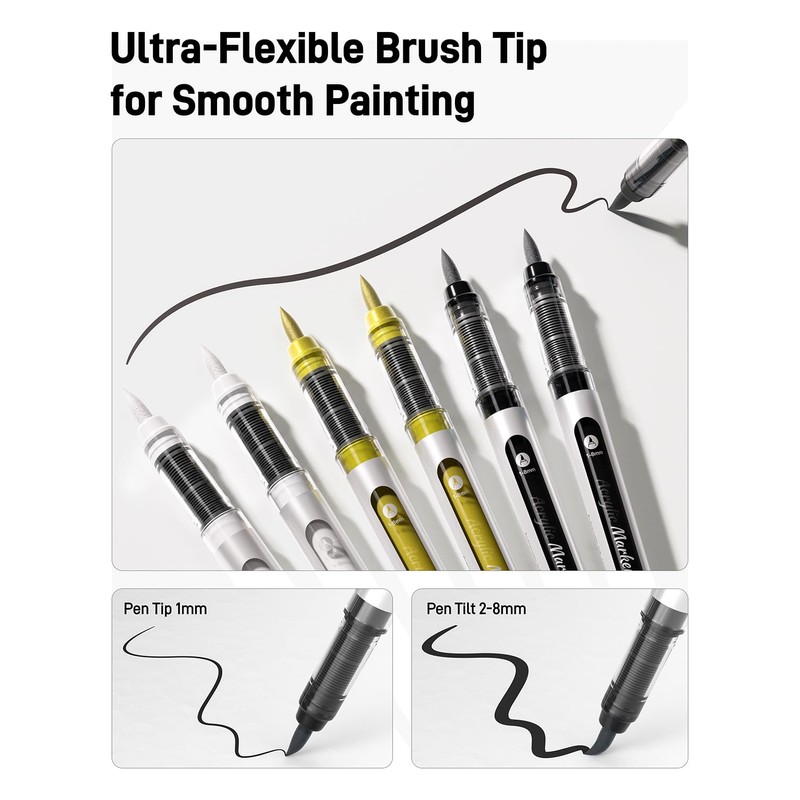 JusArt Black & White & Gold Paint Pen Brush Tip,