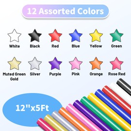 Heat Transfer Vinyl HTV 12-Roll 12" x 5Ft, Iron on Vinyl for Shirts, HTV Vinyl 12 Assorted Colors Compatible with Cricut, Easy to Cut and Weed for Heat Vinyl Design