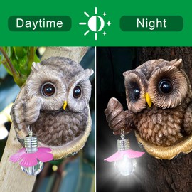 Relxhmft Owl Tree Hugger with LED Light, Outdoor Resin Peeker Statue, Waterproof Tree Face Decor, Garden Owl Sculpture Ornament, Funny Yard Art Decoration for Patio Lawn