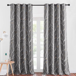 NICETOWN Room Darkening Ceiling to Floor Curtains, Decorative Modern Aesthetic Branches with Petals Triple Weave Material Thermal Insulated for Villa/Cottage, Grey, W52 x L95, 2 PCs