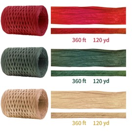 CREATRILL Raffia Ribbon Red Green Natural 3 Rolls 1080 Feet, 360 Feet Each Roll, Paper Twine Wrapping Ribbon for Christmas