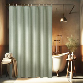 EurCross Linen Textured Green Shower Curtain 180 x 200 cm for Bathroom, Textile Heavy Duty Waterproof Shower Curtains, Hotel Luxury Polyester Anti-Mould, Washable Bath Curtain with 12 Rings