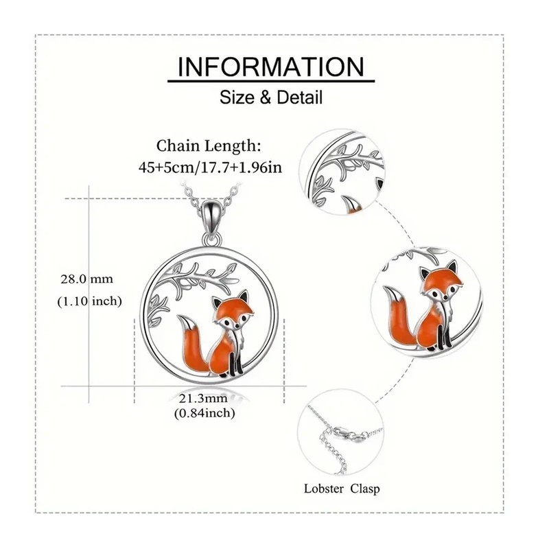 Fox Pendant Necklace and Earrings Set, Silver Tone with Orange
