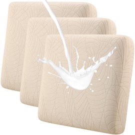 Fuloon Waterproof Couch Cushion Covers, Stretch Replacement Sofa Seat Cushion Covers Solid Chair Cushion Slipcovers Washable Suitable for Armchair Loveseat Sofa (T-Beige, 3 Pieces)