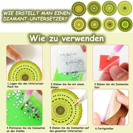 Diamond Painting Coasters Mandala with Holder, Pack of 8 DIY Diamond Art Yellow Green Coasters, Reusable Diamond Cup Coasters for Beginners, Adults & Children
